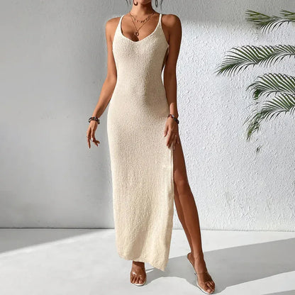 Sexy Cutout Slim Fit Slit Spaghetti Straps Knitted Beach Dress - SandiFreckles Surf & Swimwear