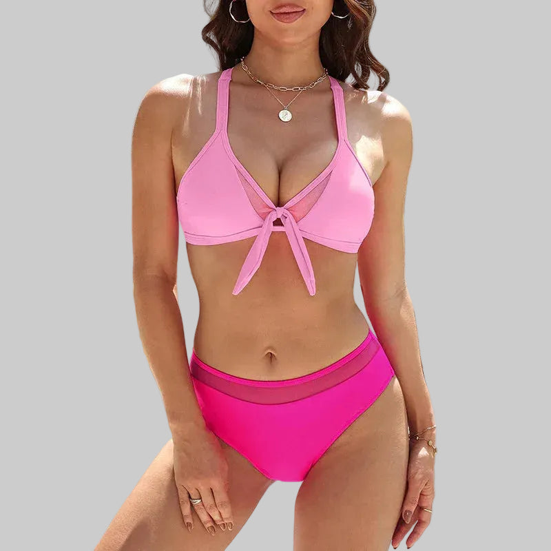Mesh-Panel Strappy Push-Up V-Neck Two-Piece Womens Bikini Swimsuit - SandiFreckles Surf & Swimwear