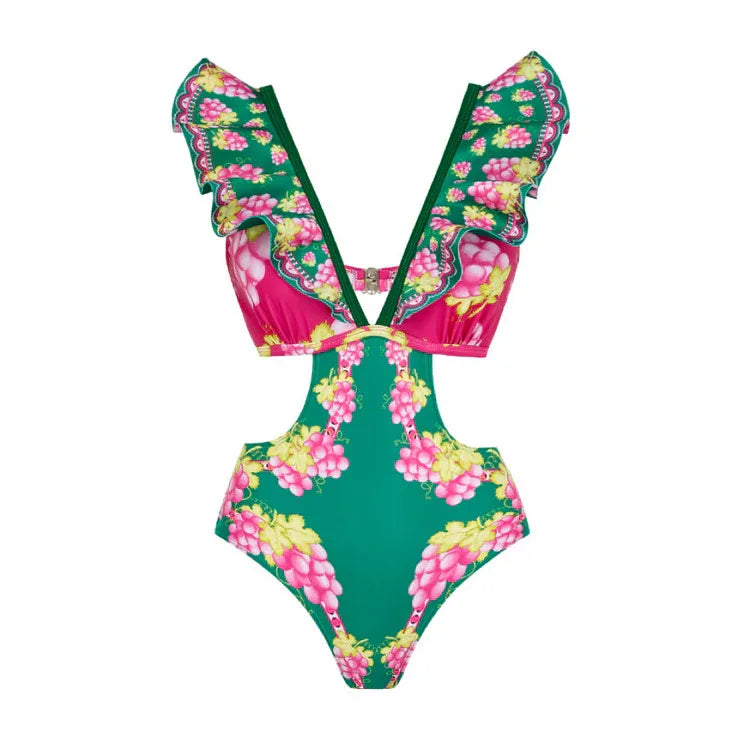 Women's Deep V-long Sleeved Retro Printed One Piece Swimsuit - SandiFreckles Surf & Swimwear