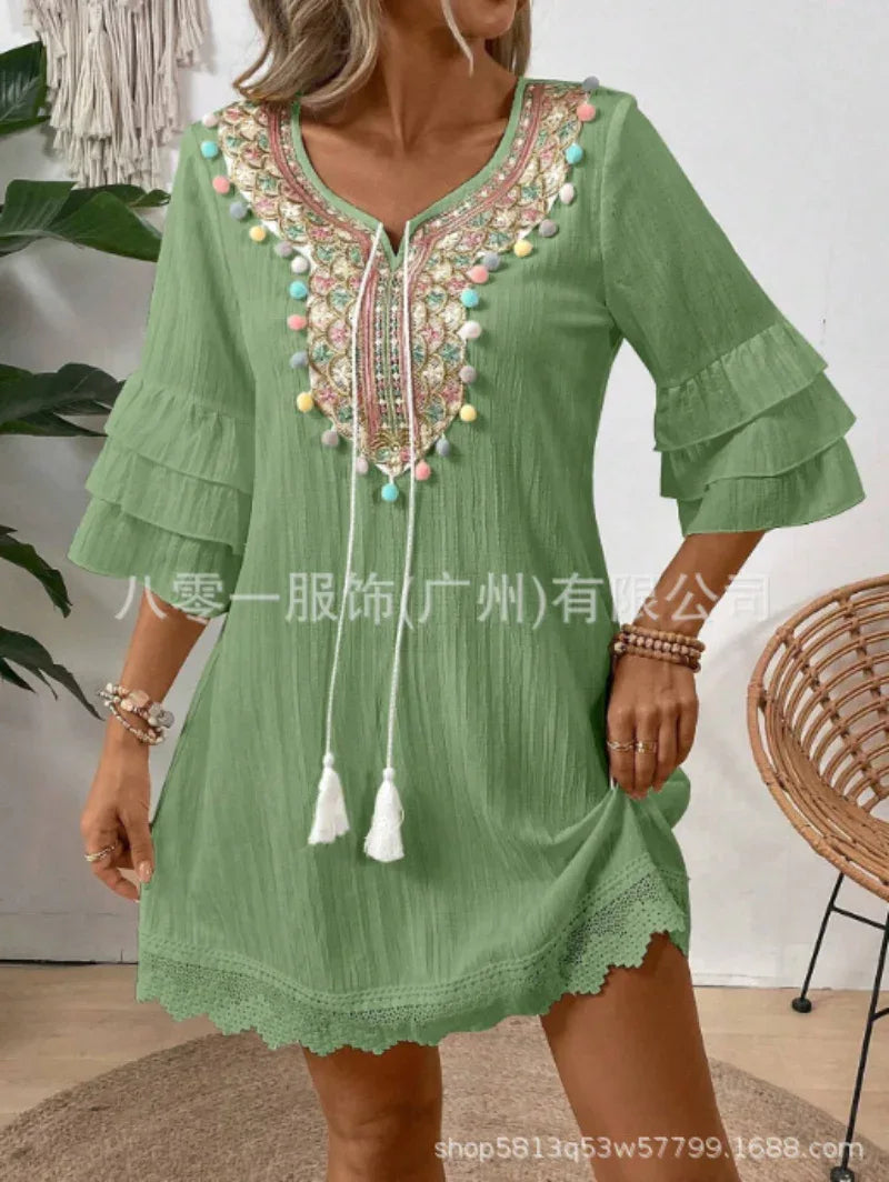 Women's Seaside Holiday Dress Bohemian Beach Dress Fairy Ethnic Style Embroidered Lantern Sleeve Style Long Swing Skirt - SandiFreckles Surf & Swimwear