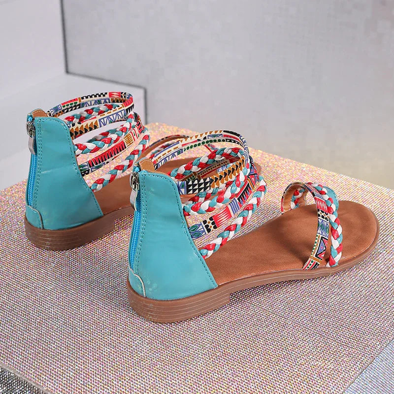 Women's Ethnic Style Flat Sandals - Colorful Weave Strap, Back Zipper - SandiFreckles Surf & Swimwear