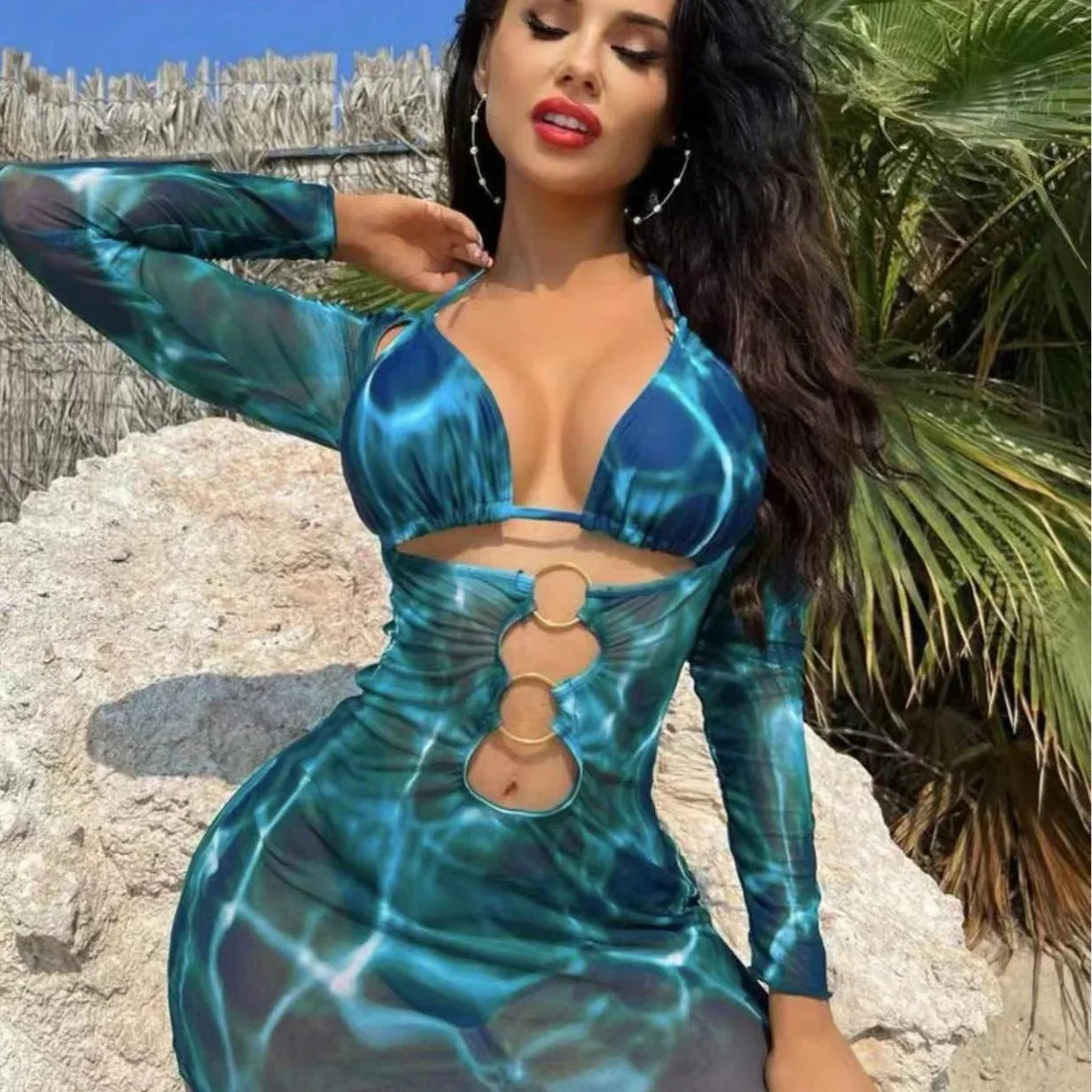 Printed Hollow Out Beach Dress - Fashionable Bikini Set - SandiFreckles Surf & Swimwear