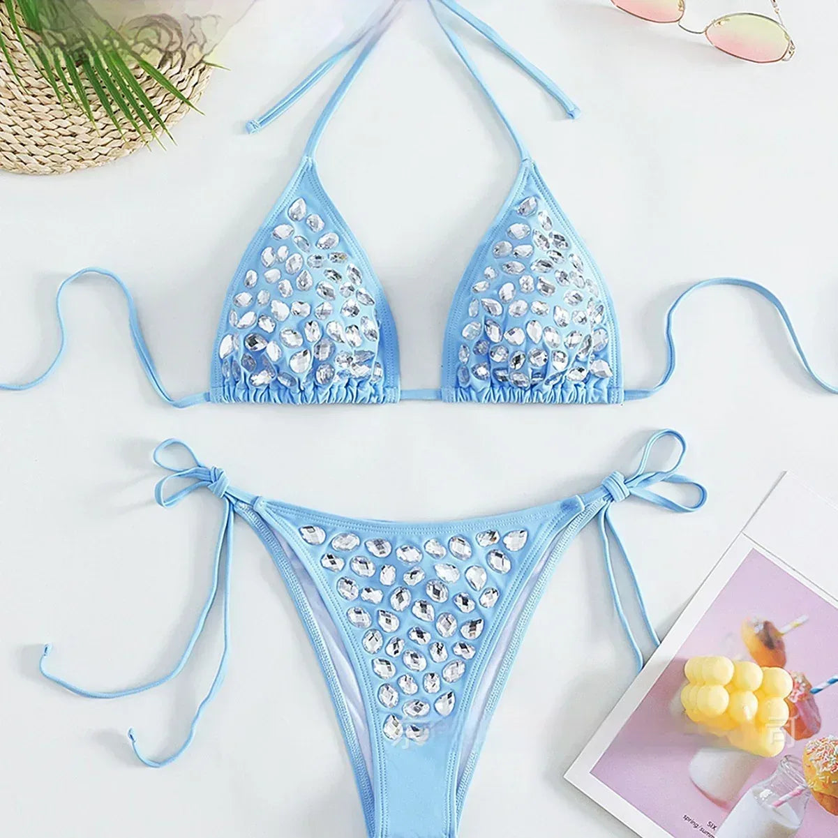 Rhinestone String Bikini - Shy Blue with Sparkle - SandiFreckles Surf & Swimwear