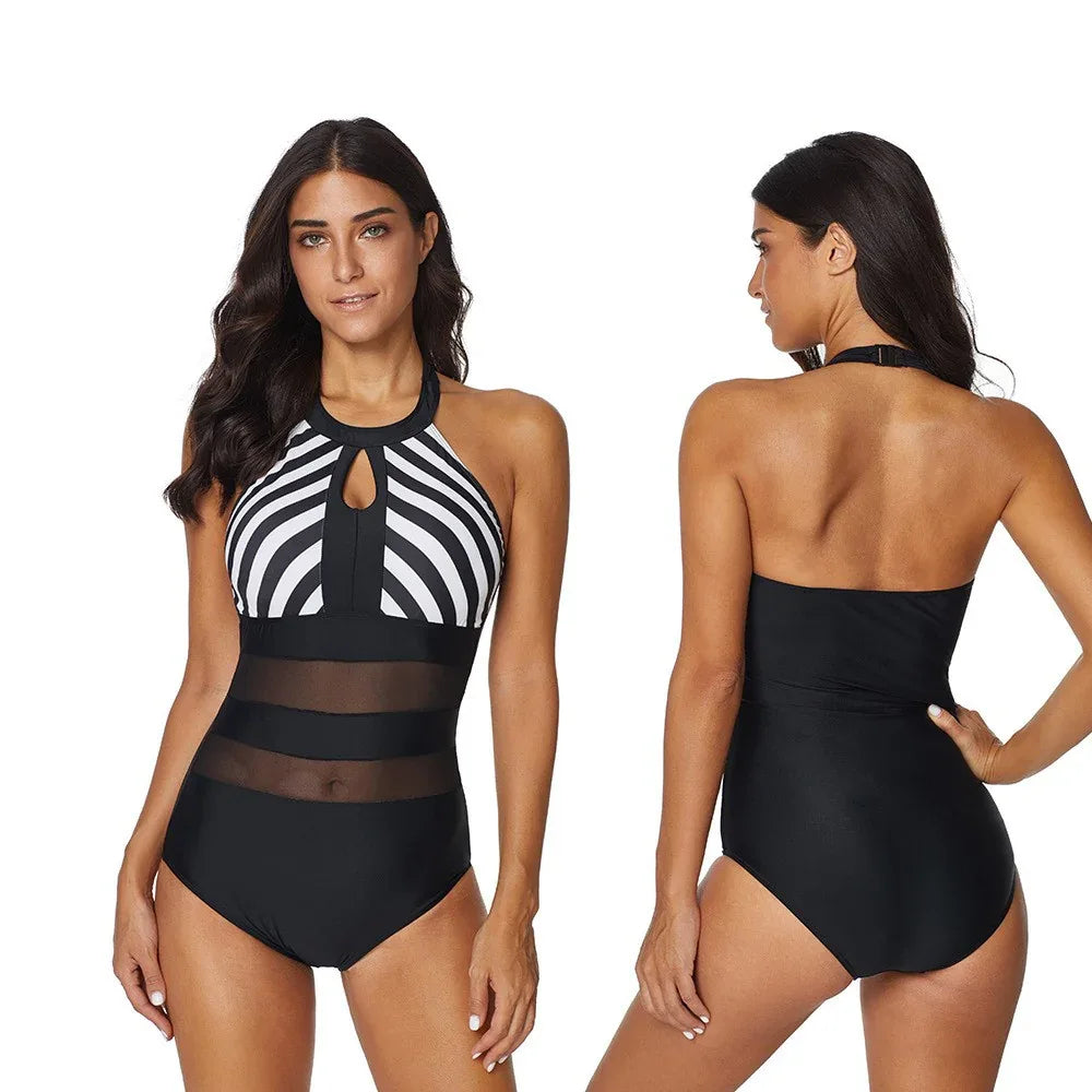 Backless Striped Stitching One Piece Swimsuit - Plus Size - SandiFreckles Surf & Swimwear