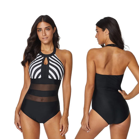 Backless Striped Stitching One Piece Swimsuit - Plus Size - SandiFreckles Surf & Swimwear