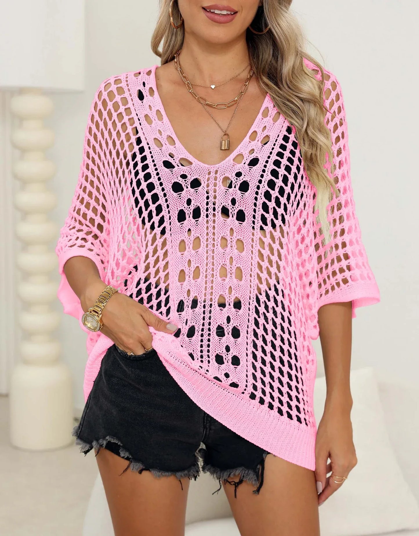 Cutout Woven Batwing Sleeve Cover Up - Sexy Casual Top - SandiFreckles Surf & Swimwear
