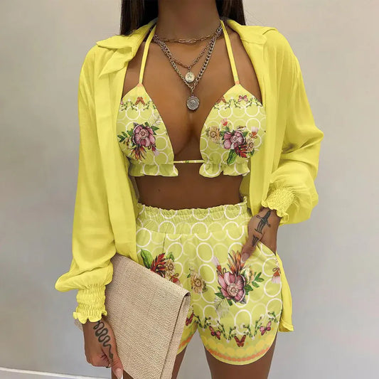 Women's Printed Beachwear Swimsuit Three Piece Set - SandiFreckles Surf & Swimwear