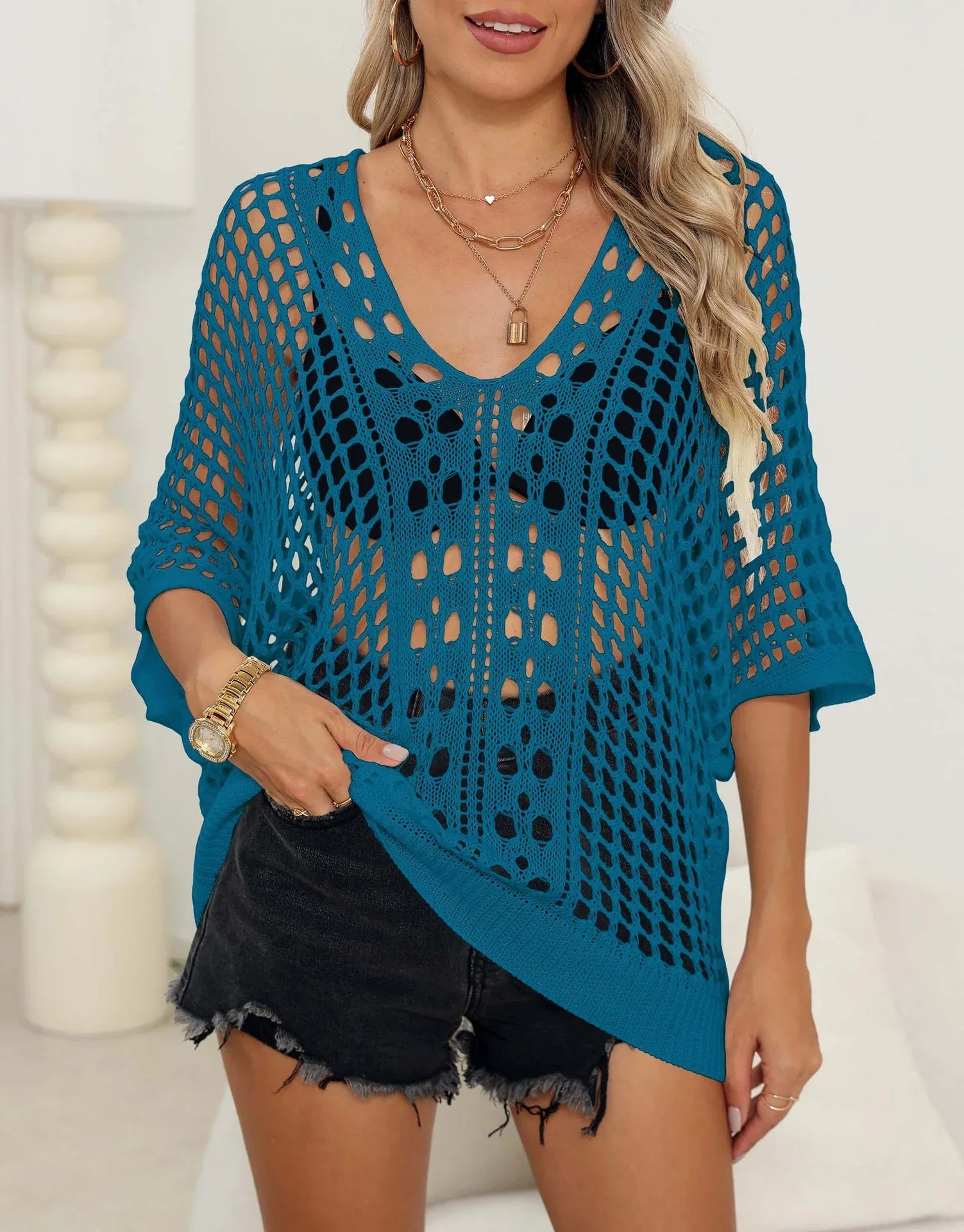 Cutout Woven Batwing Sleeve Cover Up - Sexy Casual Top - SandiFreckles Surf & Swimwear