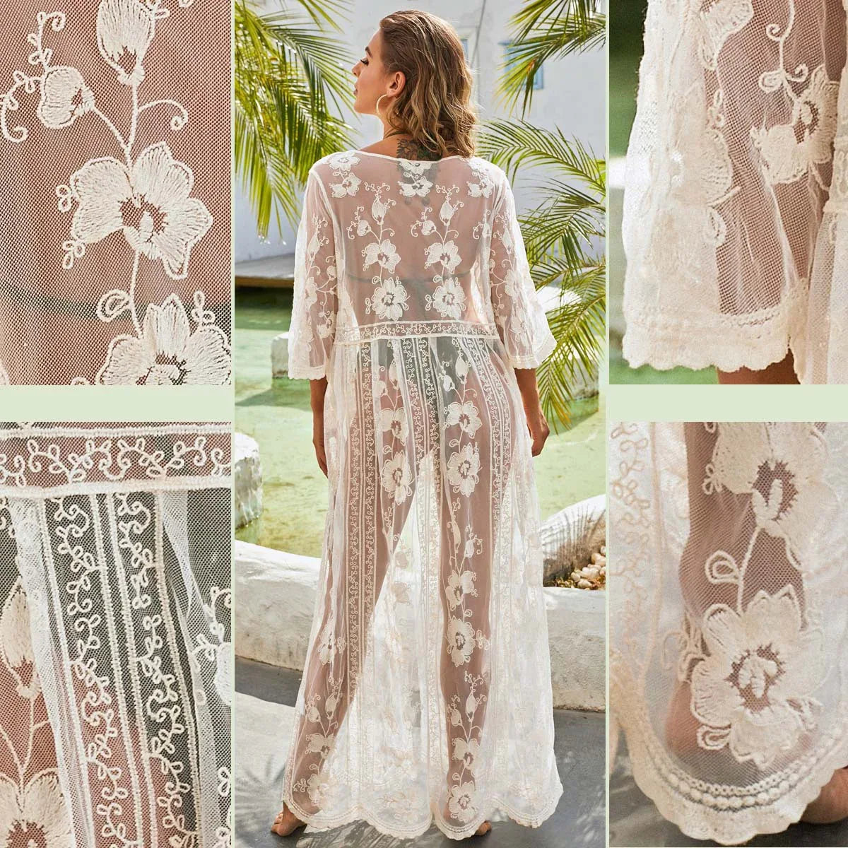 Lace Long Embroidered Cardigan Bandage Swimsuit Bikini Cover-up - SandiFreckles Surf & Swimwear