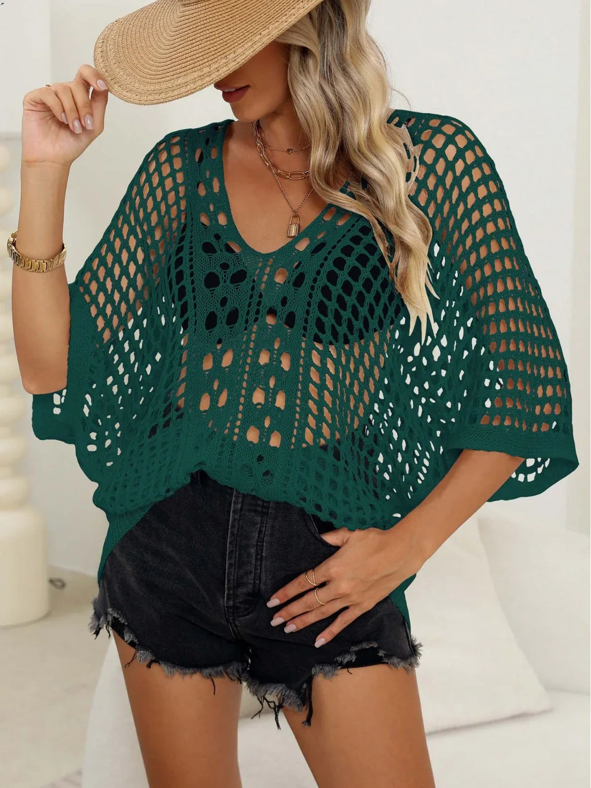 Cutout Woven Batwing Sleeve Cover Up - Sexy Casual Top - SandiFreckles Surf & Swimwear