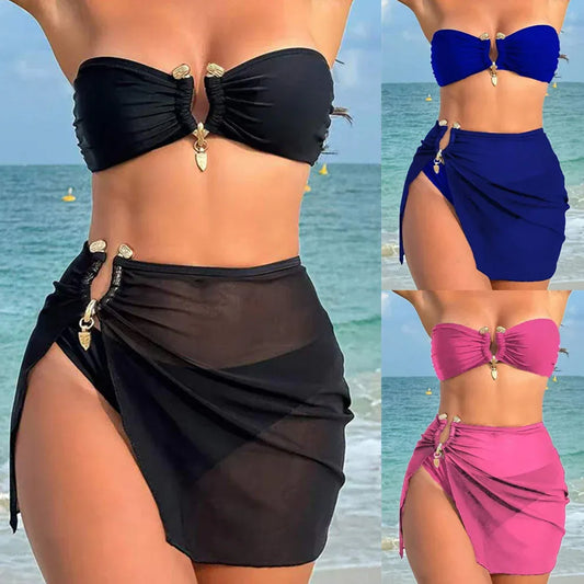 Bold Colour Strapless Three-Piece Bikini with Skirt - Horseshoe Clasp - SandiFreckles Surf & Swimwear
