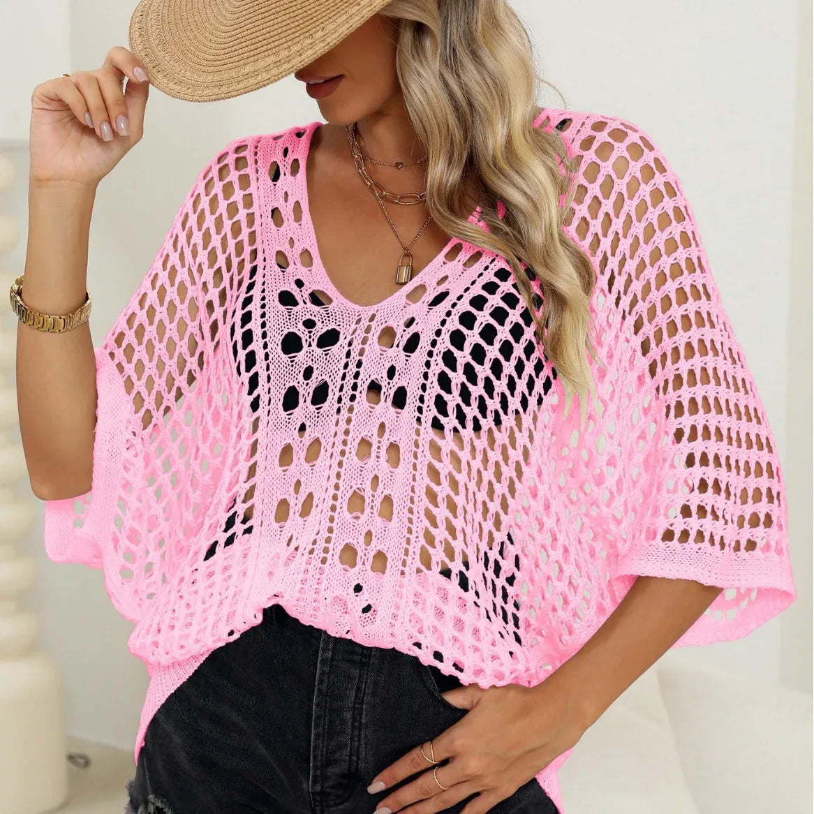 Cutout Woven Batwing Sleeve Cover Up - Sexy Casual Top - SandiFreckles Surf & Swimwear