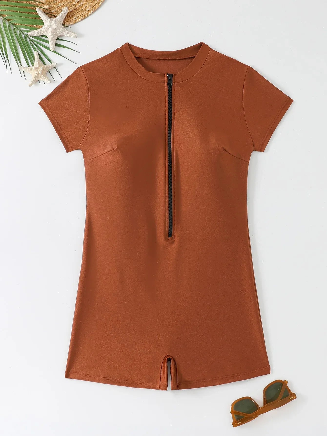 Solid Color Zipper One-pieces Short Sleeve Beach Sports Swimwear - SandiFreckles Surf & Swimwear
