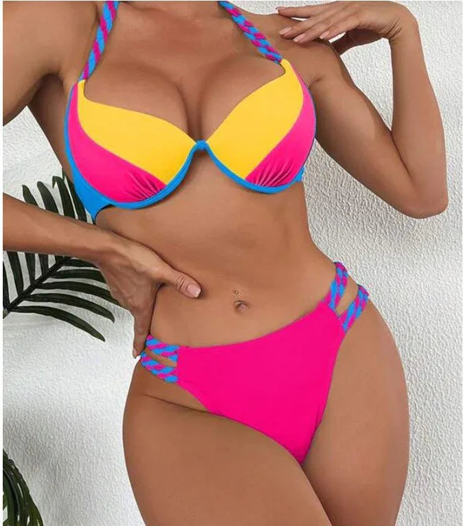 Women's Fashion Temperament Color Matching Triangle High Waist Bikini Swimsuit Two-piece - SandiFreckles Surf & Swimwear