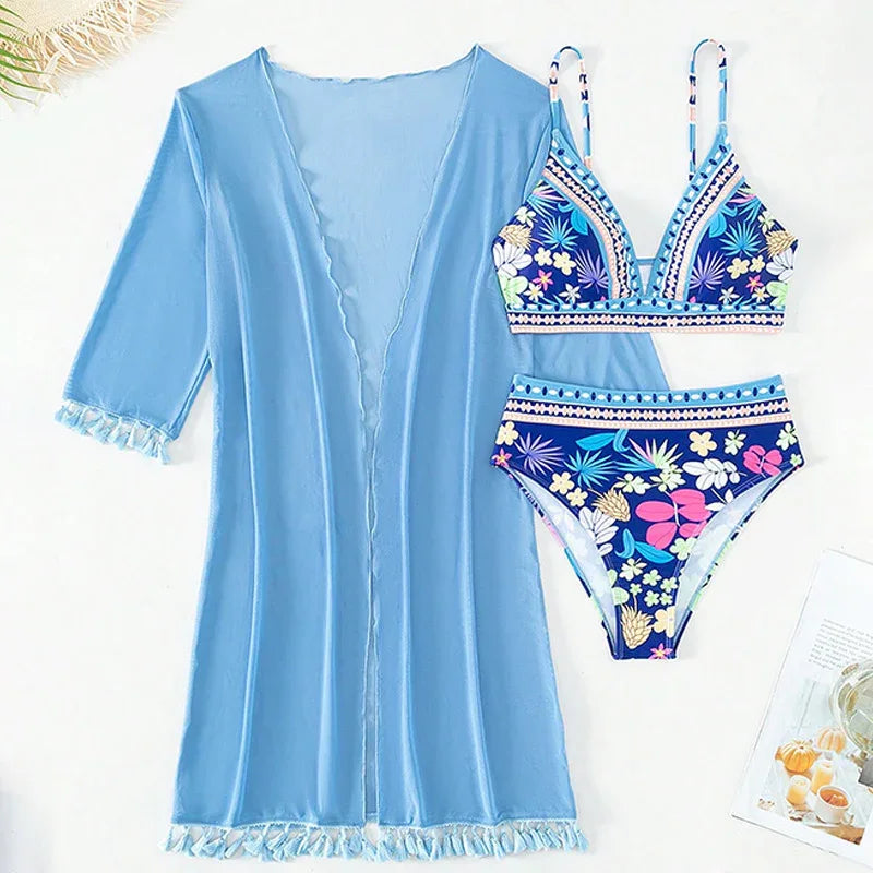 Printed Bikini Three-piece Swimsuit Mesh Sunscreen - SandiFreckles Surf & Swimwear