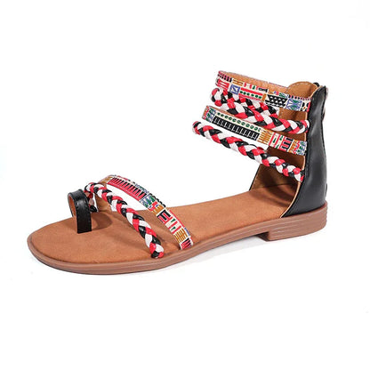 Women's Ethnic Style Flat Sandals - Colorful Weave Strap, Back Zipper - SandiFreckles Surf & Swimwear