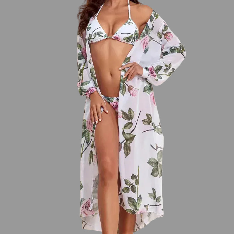 Printed Beach Sun Protection Bikini Three-Piece - European Style - SandiFreckles Surf & Swimwear