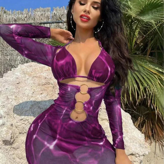 Printed Hollow Out Beach Dress - Fashionable Bikini Set - SandiFreckles Surf & Swimwear