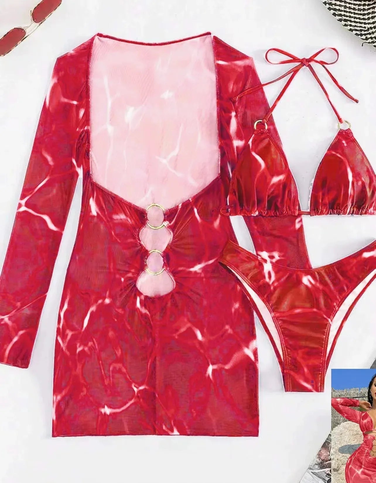 Printed Hollow Out Beach Dress - Fashionable Bikini Set - SandiFreckles Surf & Swimwear