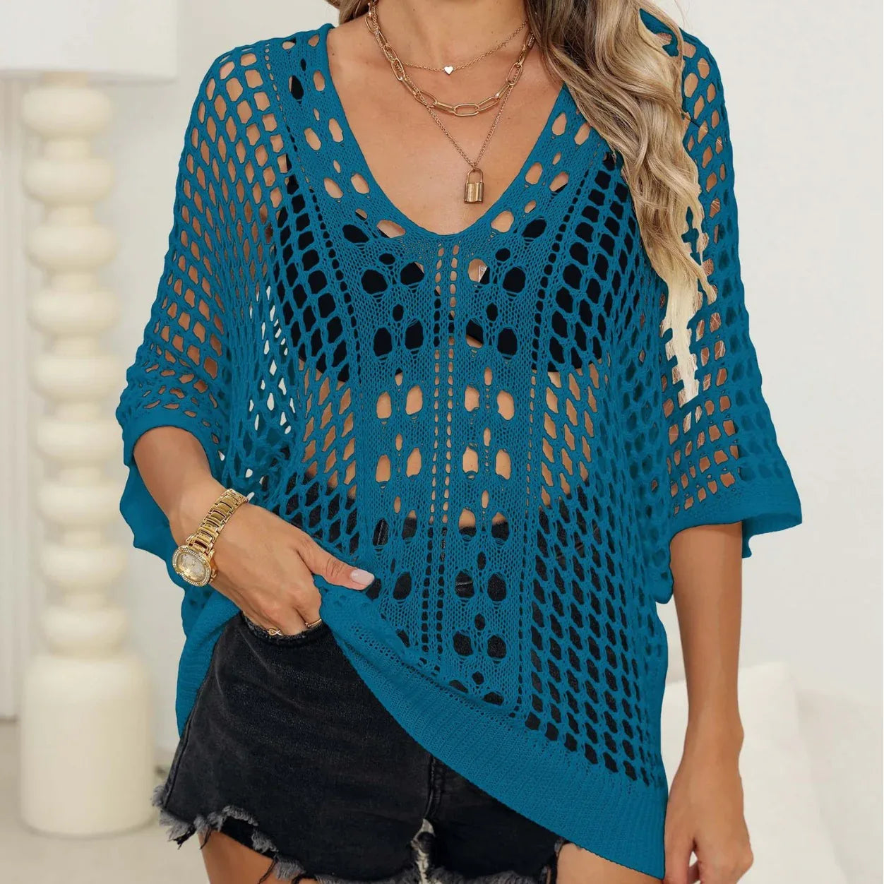 Cutout Woven Batwing Sleeve Cover Up - Sexy Casual Top - SandiFreckles Surf & Swimwear