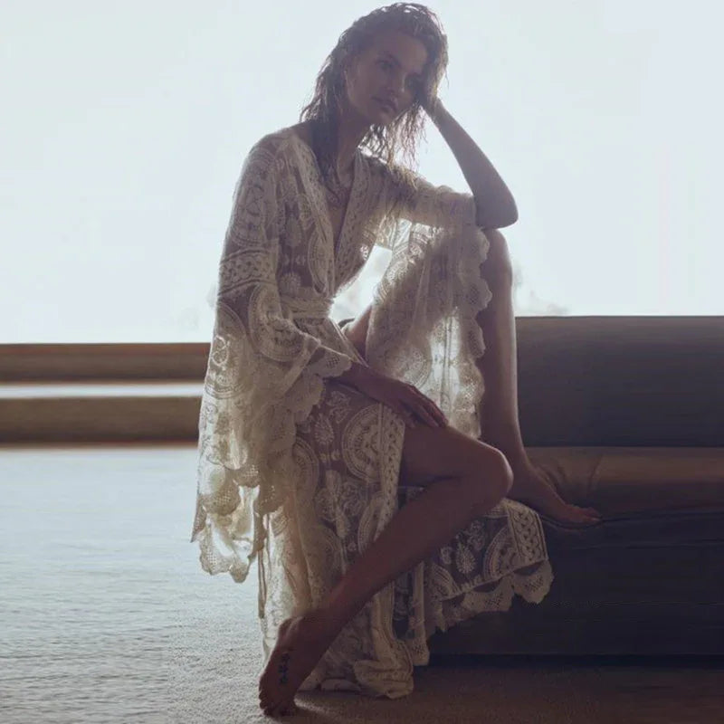 Bell Sleeve Mid-length Lace Shirt Bikini Swimsuit Outwear Blouse Beachwear - SandiFreckles Surf & Swimwear